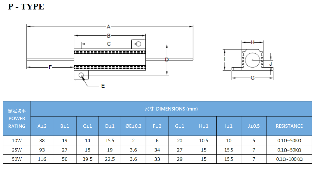 AH Series Aluminum Case Resistor Dimensions and Specifications Chart 3