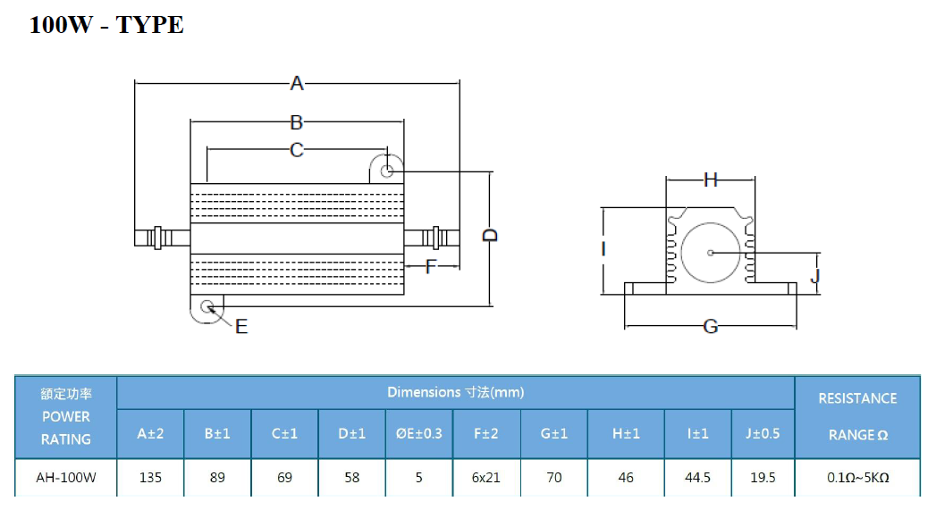 AH Series Aluminum Case Resistor Dimensions and Specifications Chart 4