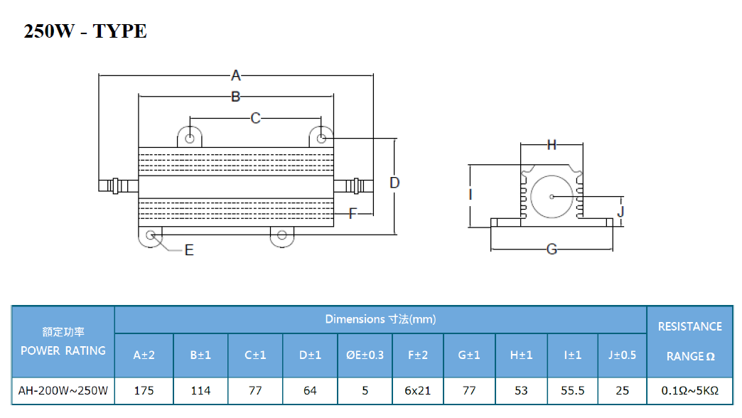 AH Series Aluminum Case Resistor Dimensions and Specifications Chart 5