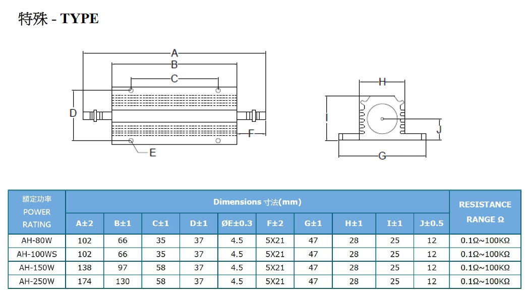 AH Series Aluminum Case Resistor Dimensions and Specifications Chart 6